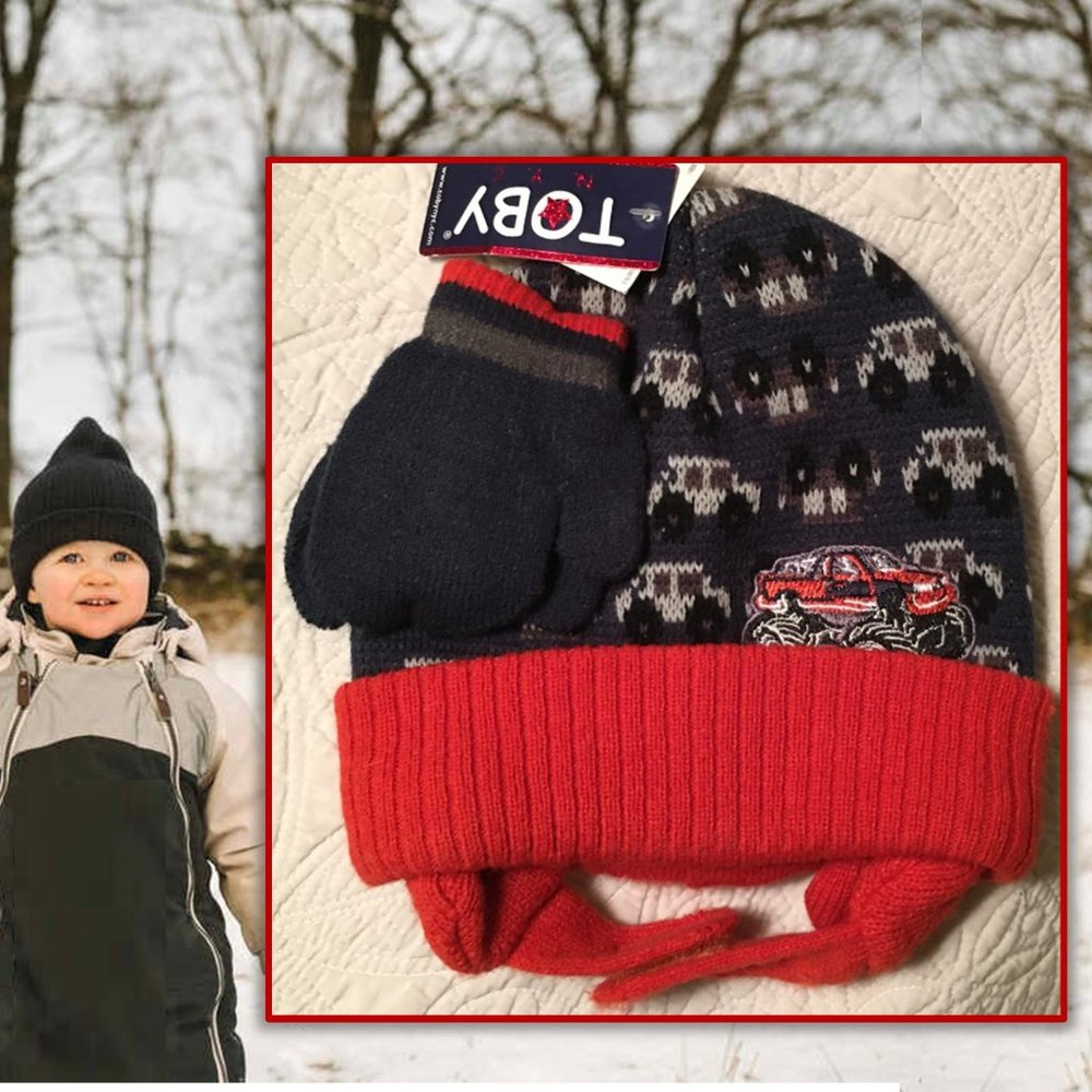 TOBY NYC Little Boy's Fine Gauge Knit Winter Hat & Mittens   NEW WITH TA…